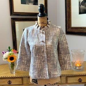 J CREW gray ivory fall ruffle jacket XS 2 4 linen